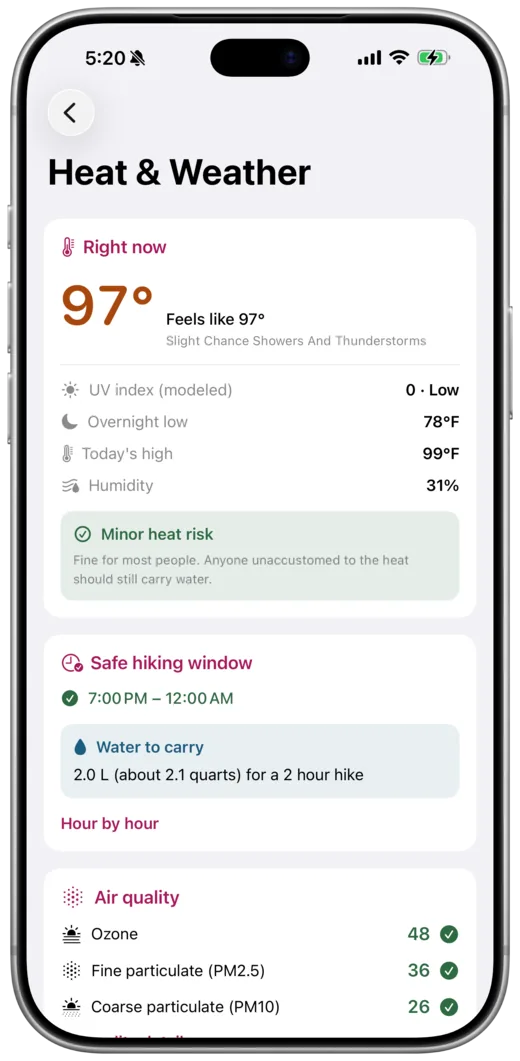 Heat & Weather, with the current temperature, air quality, and how much water to carry
