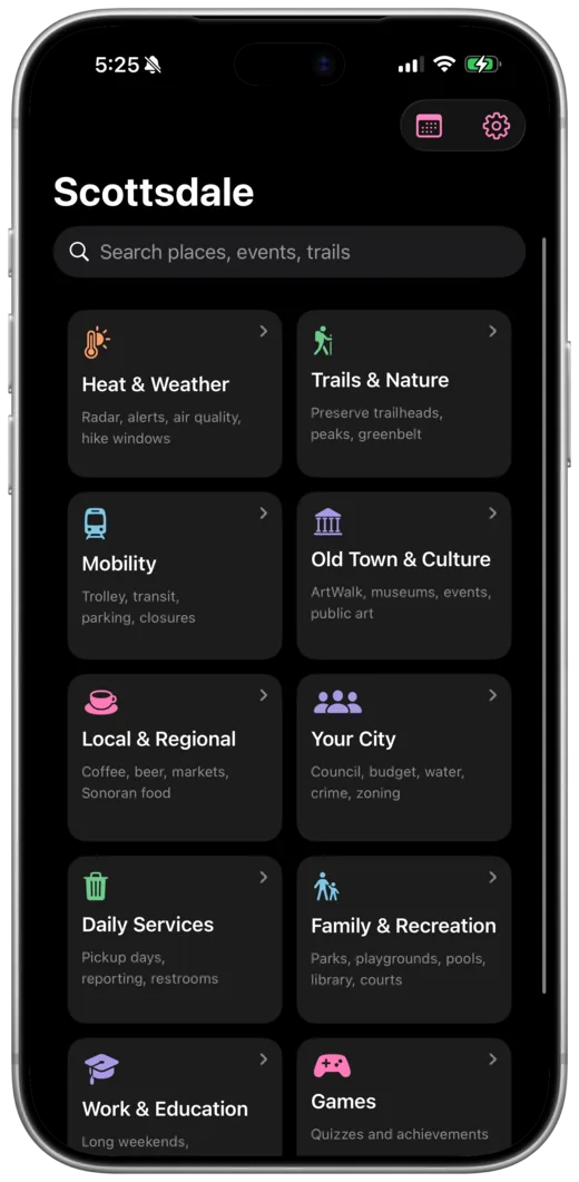 The same home screen in dark mode