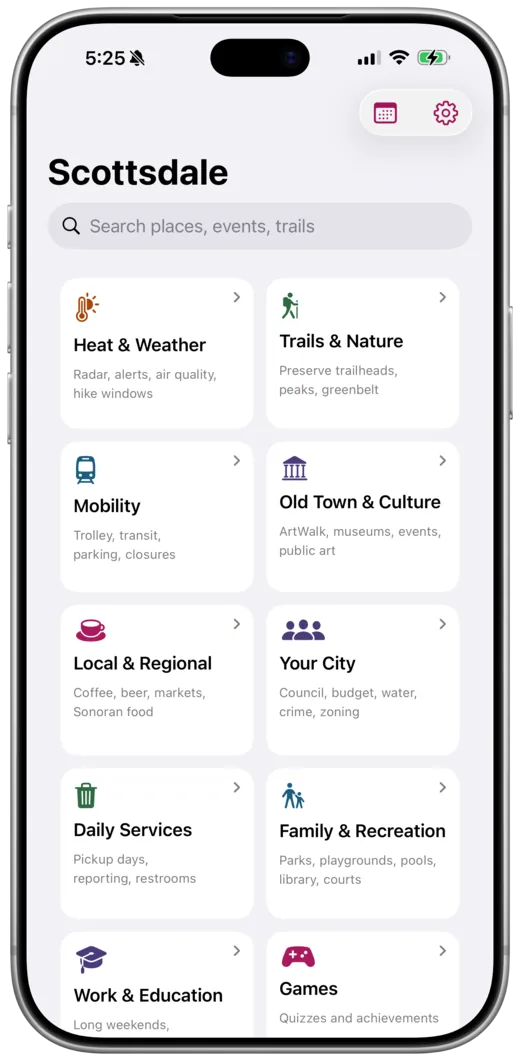The Scottsdale home screen, with categories from Heat & Weather to Games