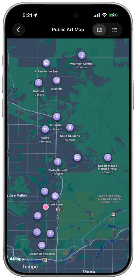 The public art map, with clustered pins across Scottsdale