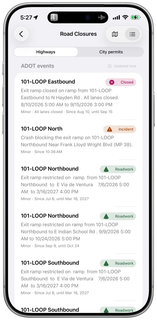 Road closures, listing current highway incidents and roadwork