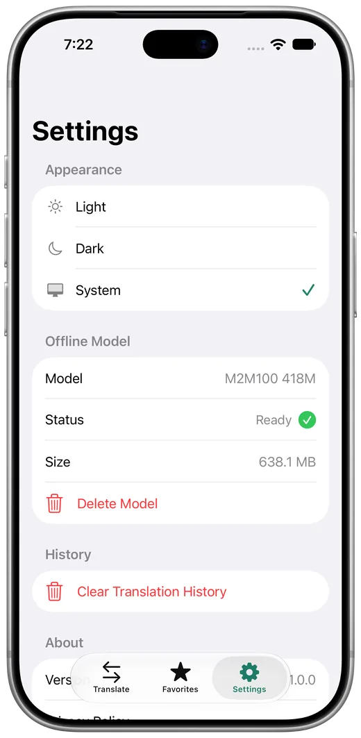 Settings, showing appearance options and the installed offline model