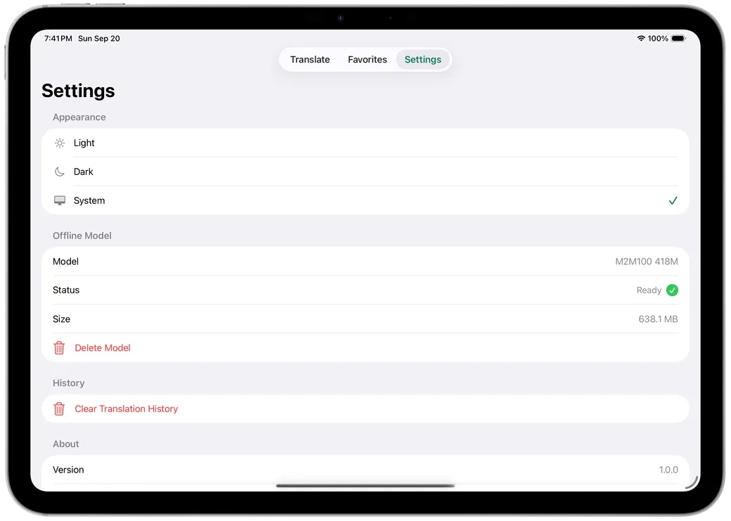 Settings on iPad, showing appearance options and the installed offline model