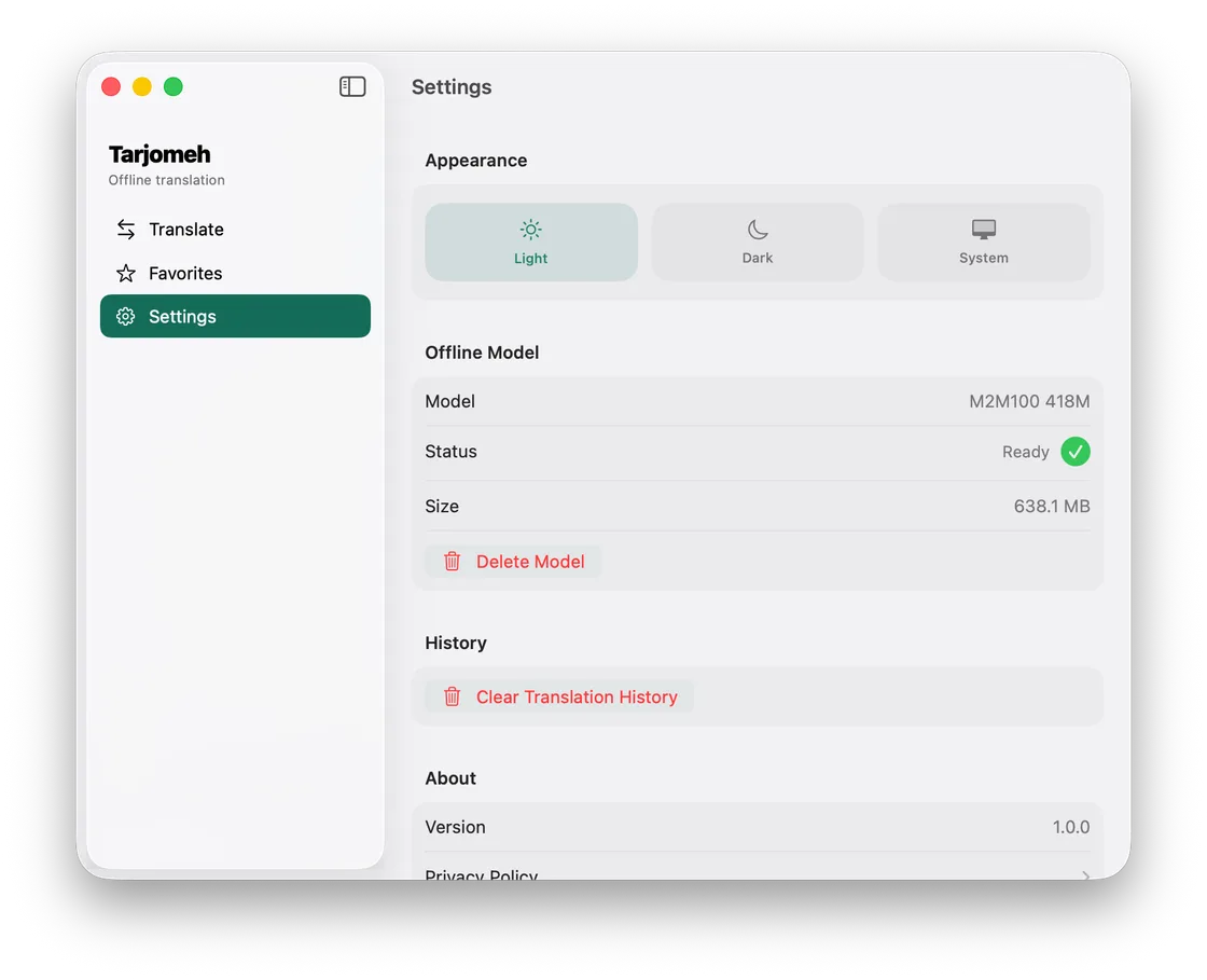 Settings on Mac, showing appearance options and the installed offline model
